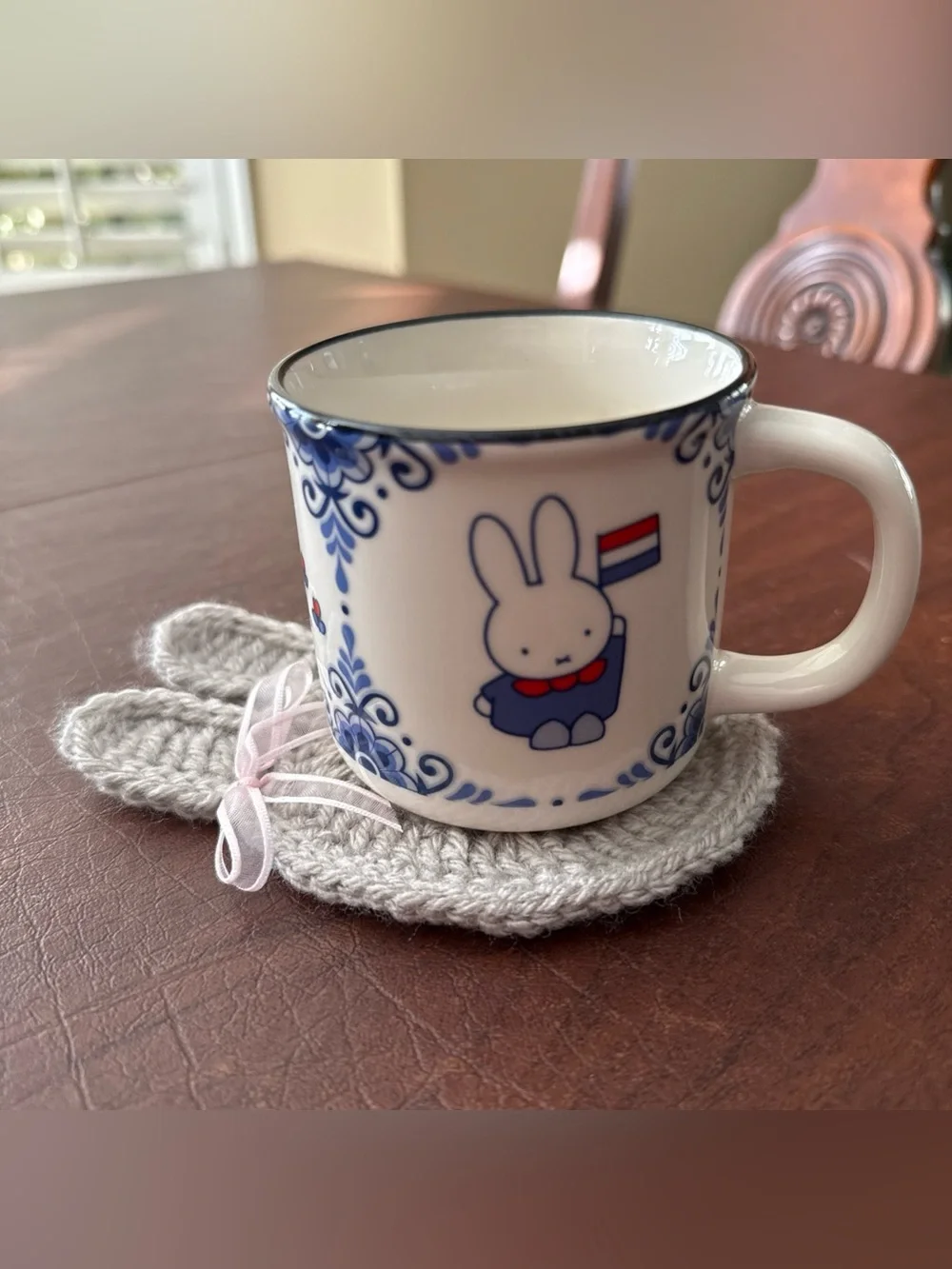 Brand New Handmade Crochet Gray Miffy Coaster With Bow
