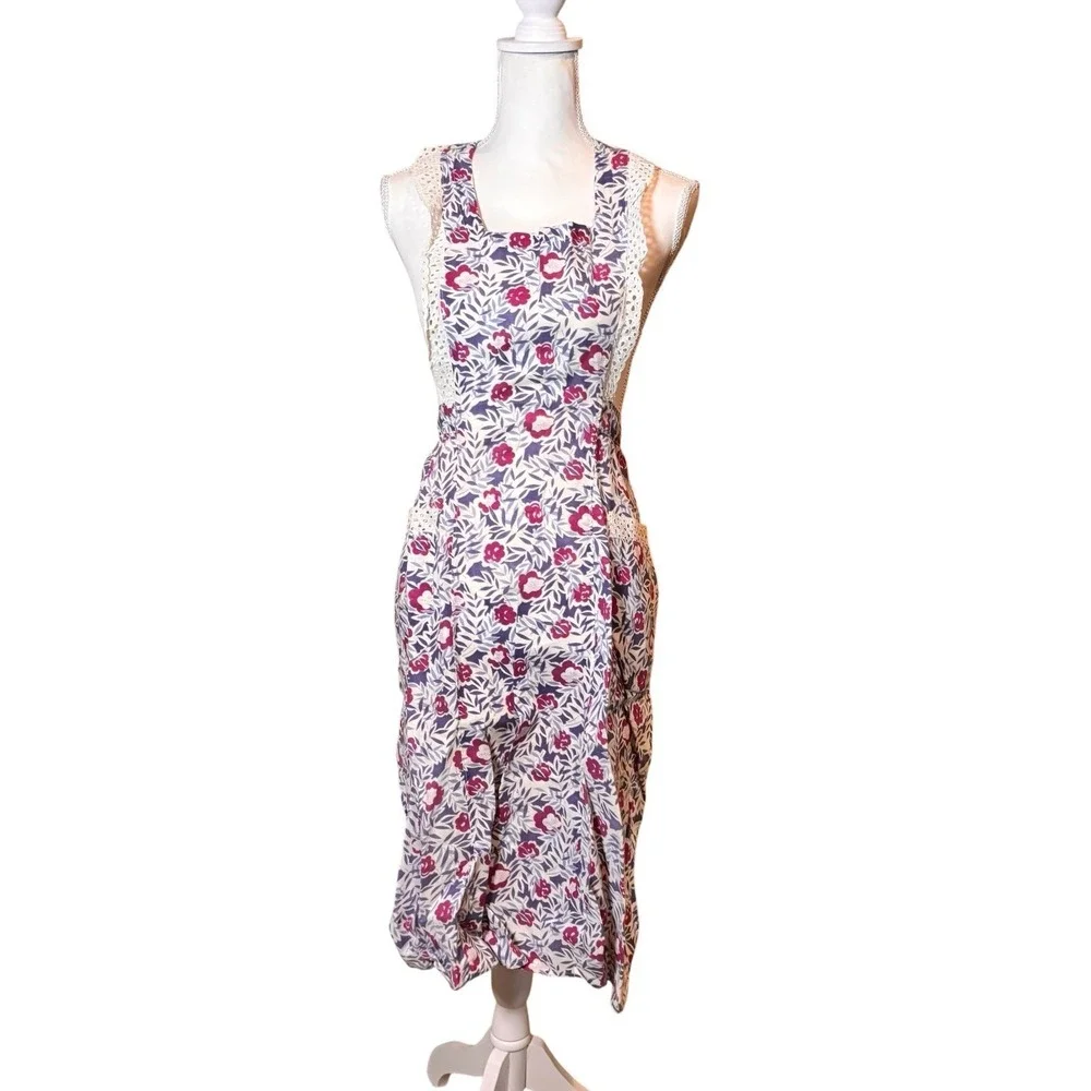 Vintage Handmade Floral Full Apron Eyelet Lace Cottagecore Prairie Farmhouse