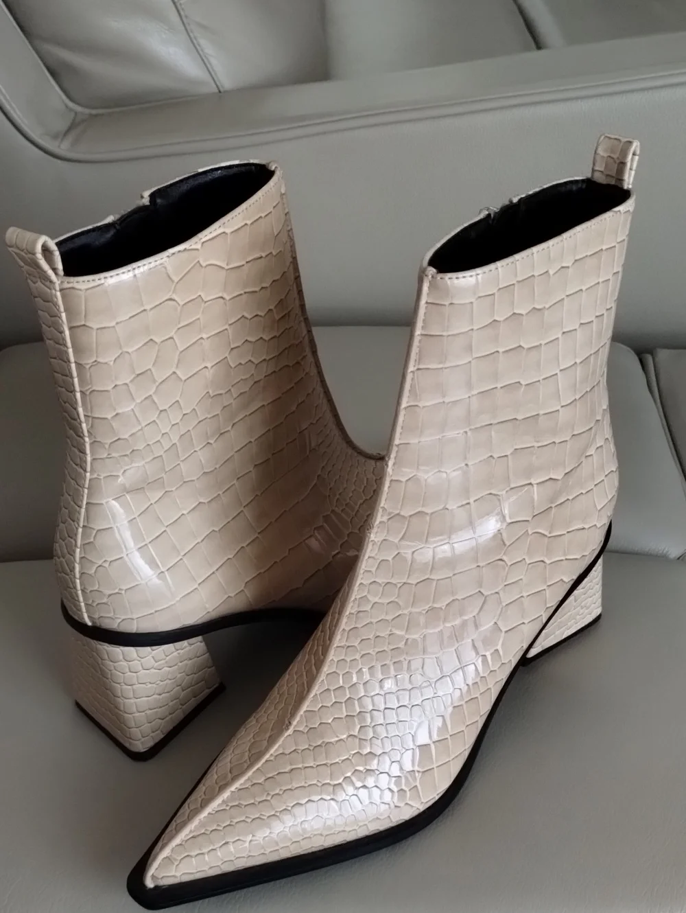 Topshop Cream Croc-Effect Square Toe Ankle Boots