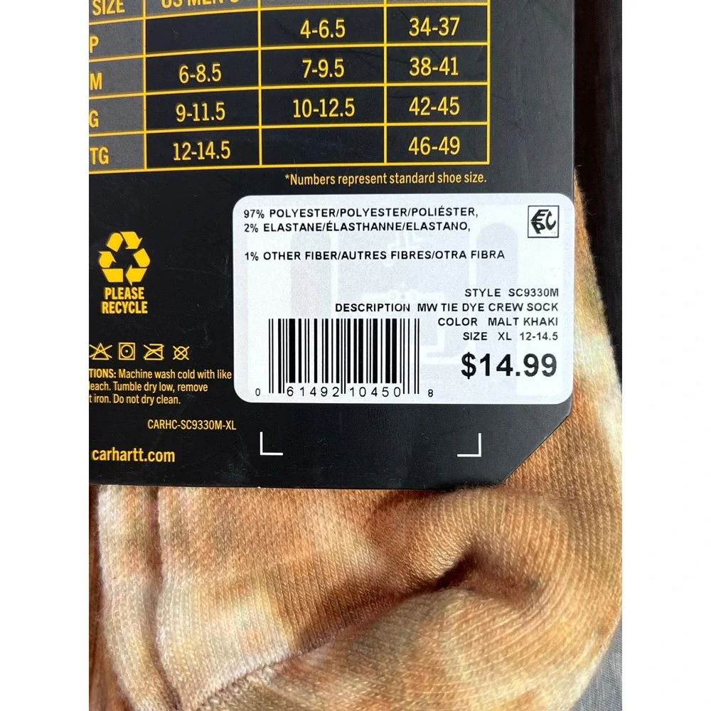 Carhartt Men XL Midweight Tie-Dye Crew Socks Malt Khaki 2 Pair Sz 12-14.5 New