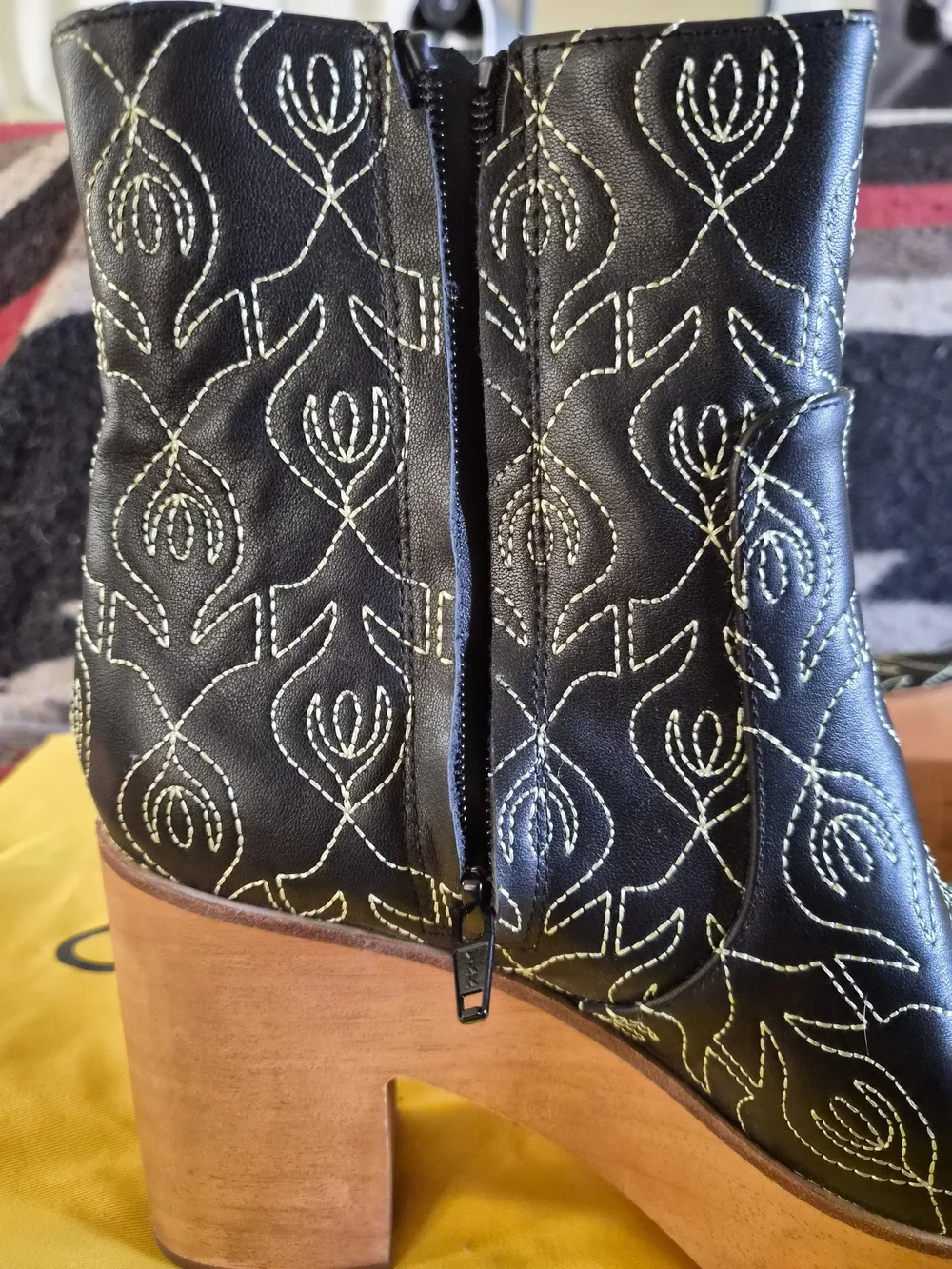 Charlotte Stone Black Embroidered Platform Ankle Boots with Cream Cap Toe