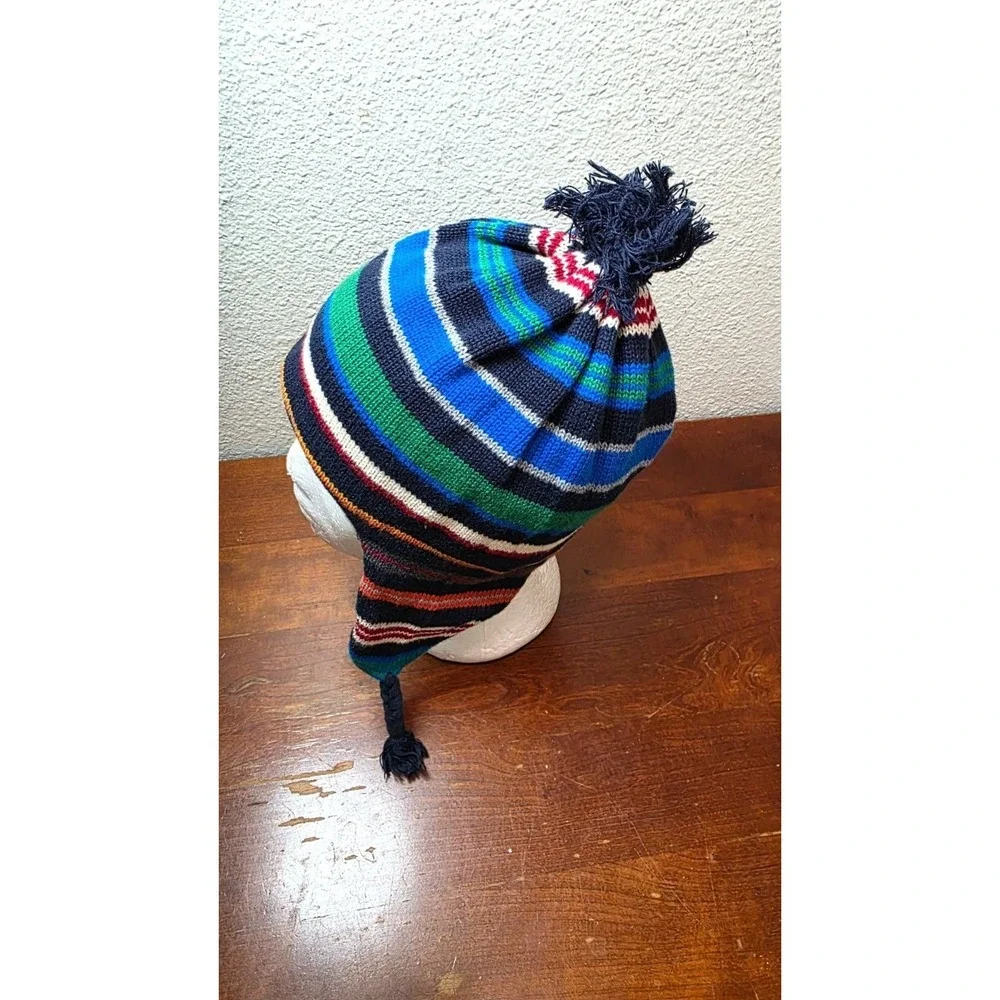 Gap‎ Kids Winter Street Striped Knit Pom-Pom Hat Earflaps & Fleece Lining S/M