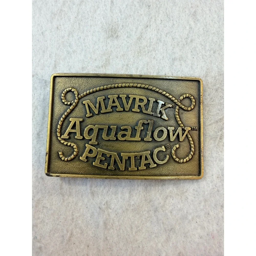 Vintage Mavrik Aquaflow Pentac Brass Tone Rectangular Belt Buckle Industrial 3in