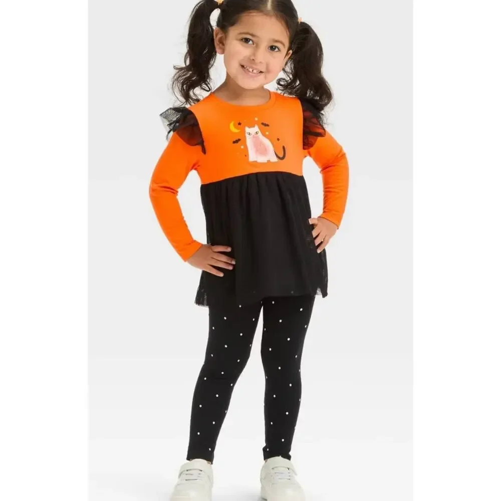 NWT Girls Halloween Set 2T Spook Cute Festive Whimsical Cat Kitten Bat Leggings