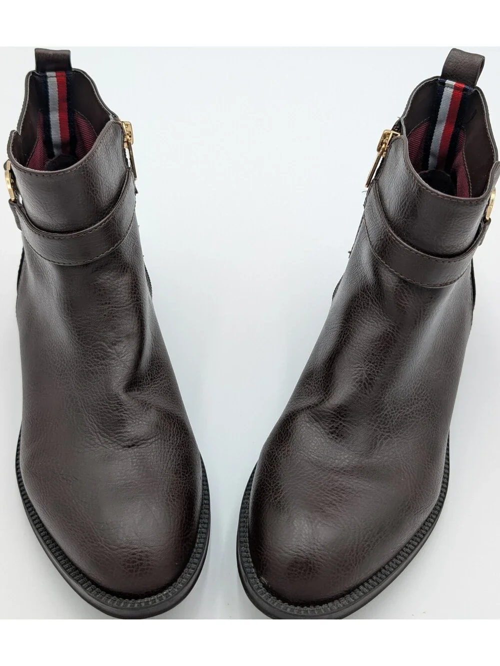 Tommy Hilfiger Women's Dark Brown Ankle Boots with Gold Logo Buckle and Side Zip