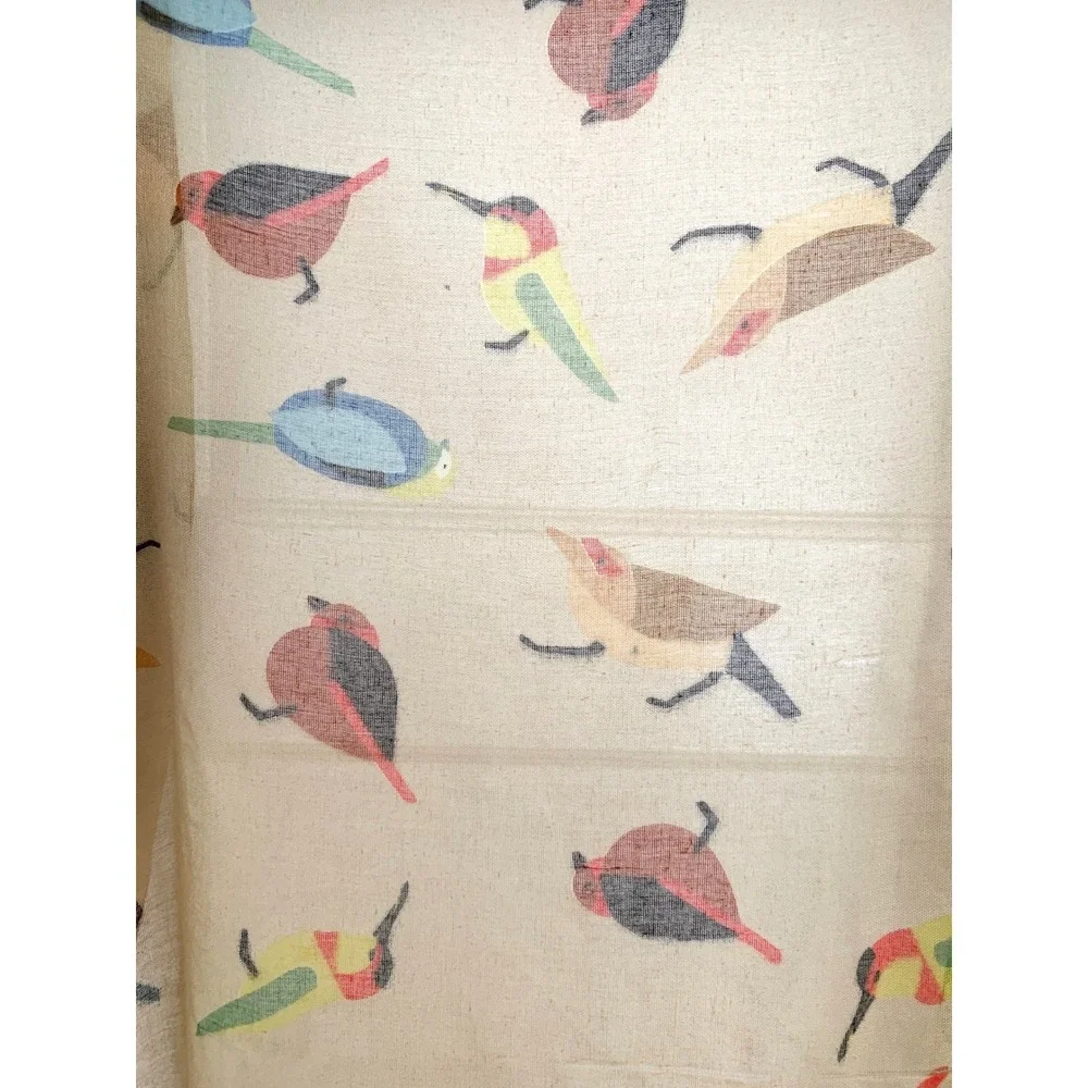 Nobia Songbird Print Scarf Tan Multi Colorful Bird Lightweight Wrap 40x72 fringe