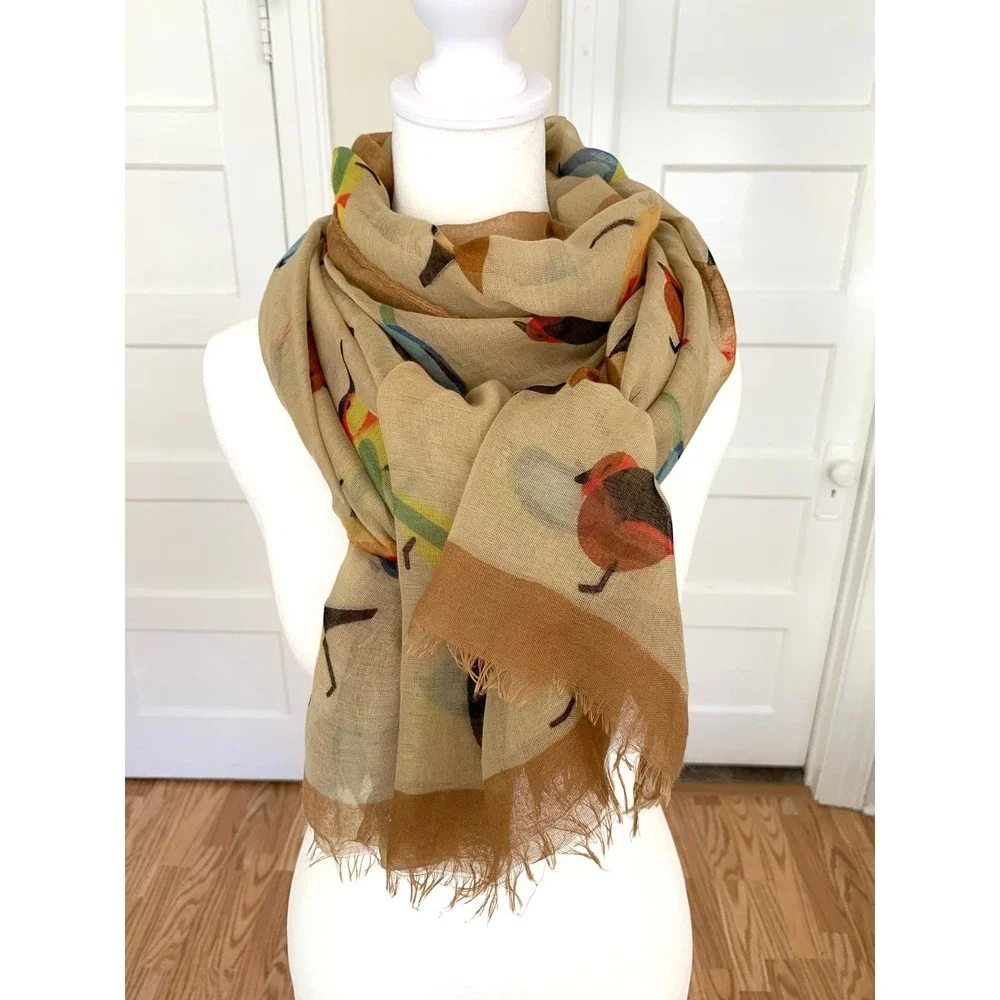 Nobia Songbird Print Scarf Tan Multi Colorful Bird Lightweight Wrap 40x72 fringe