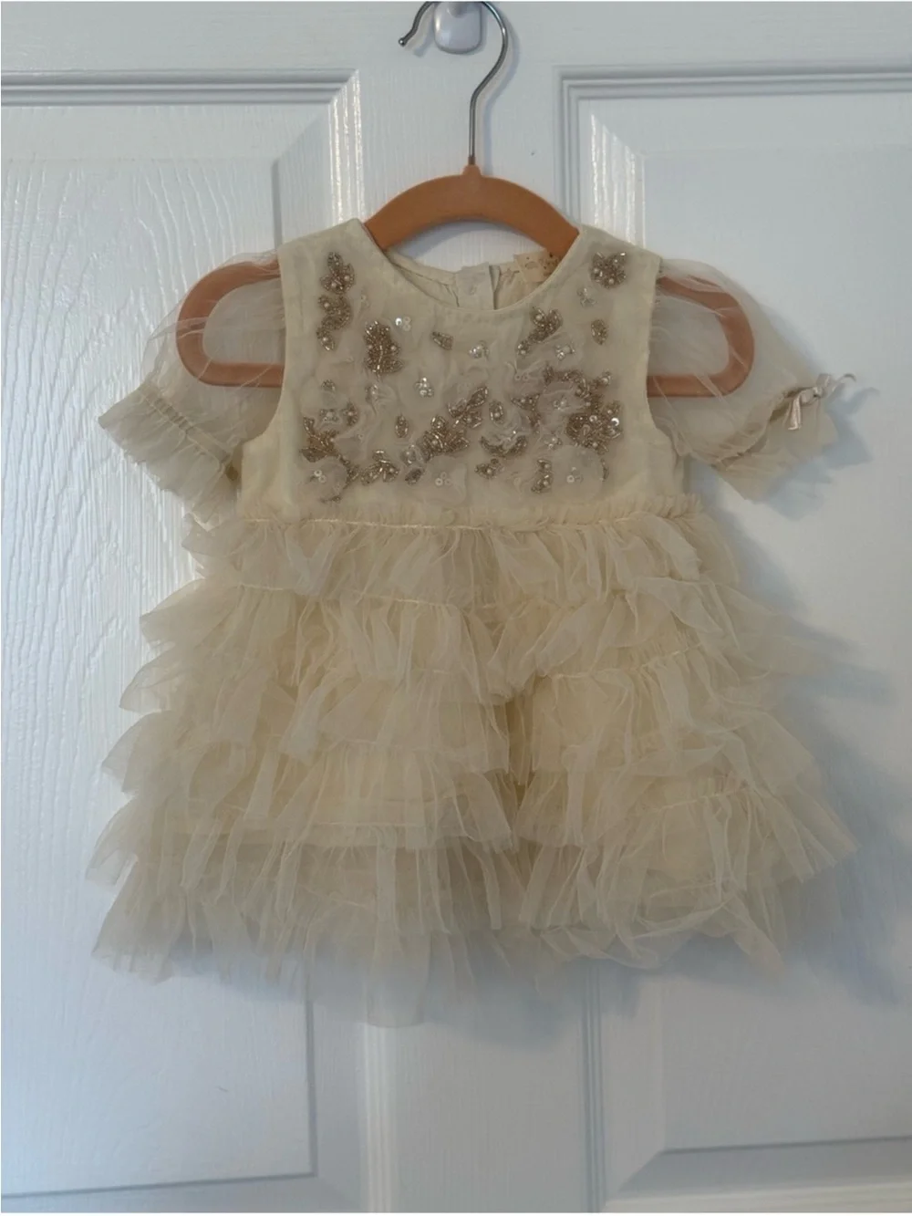 Tutu Du Monde Cream Tiered Ruffle Tulle Dress with Gold Sequin Embellishment