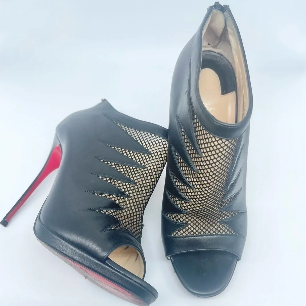 Christian Louboutin Black leather & Mesh peep toe Disorder booties 120mm EU 38