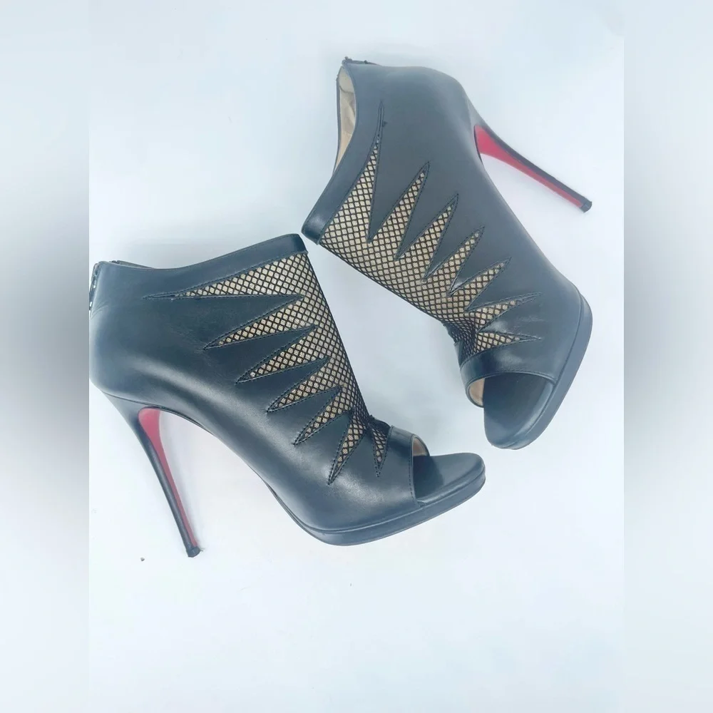 Christian Louboutin Black leather & Mesh peep toe Disorder booties 120mm EU 38