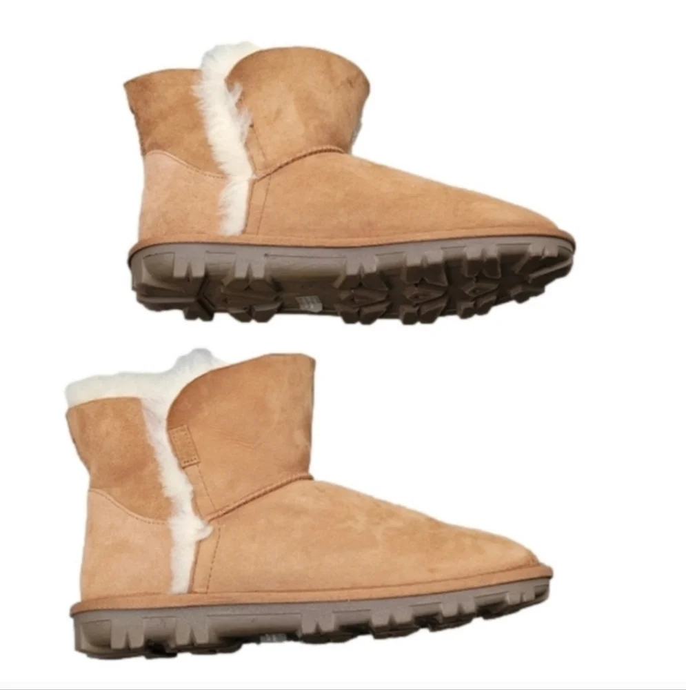 Sherpa Shearling Wool Lining Genuine Suede Ankle Booties Tan Contrast Fur Sz.7