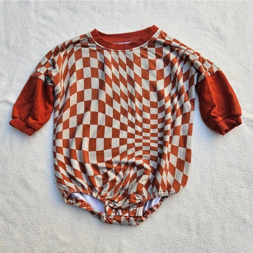 Brixton Phoenix Wavy Checker Rust and Tan Bubble Romper 12-18M