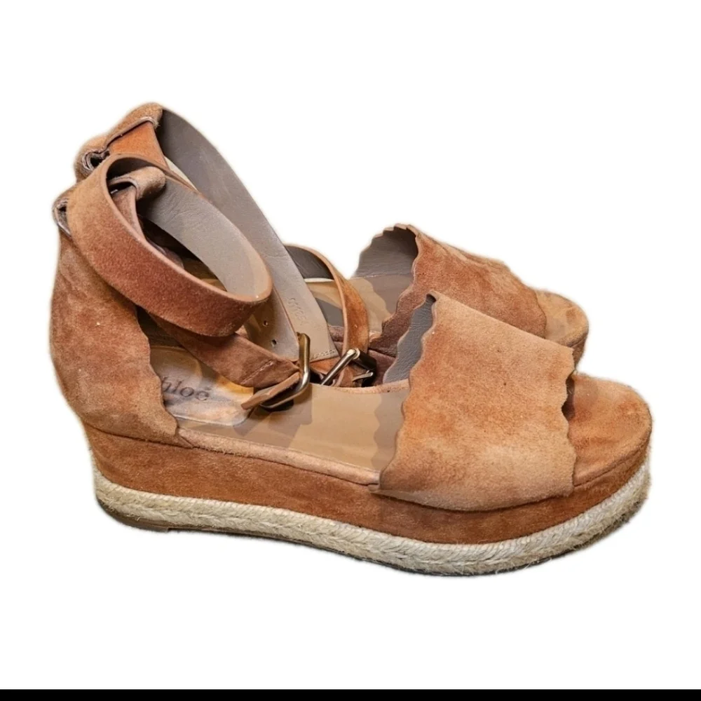 Chloé Lauren Womans Tobacco Suede Espadrille Wedge Designer  Sandals 38