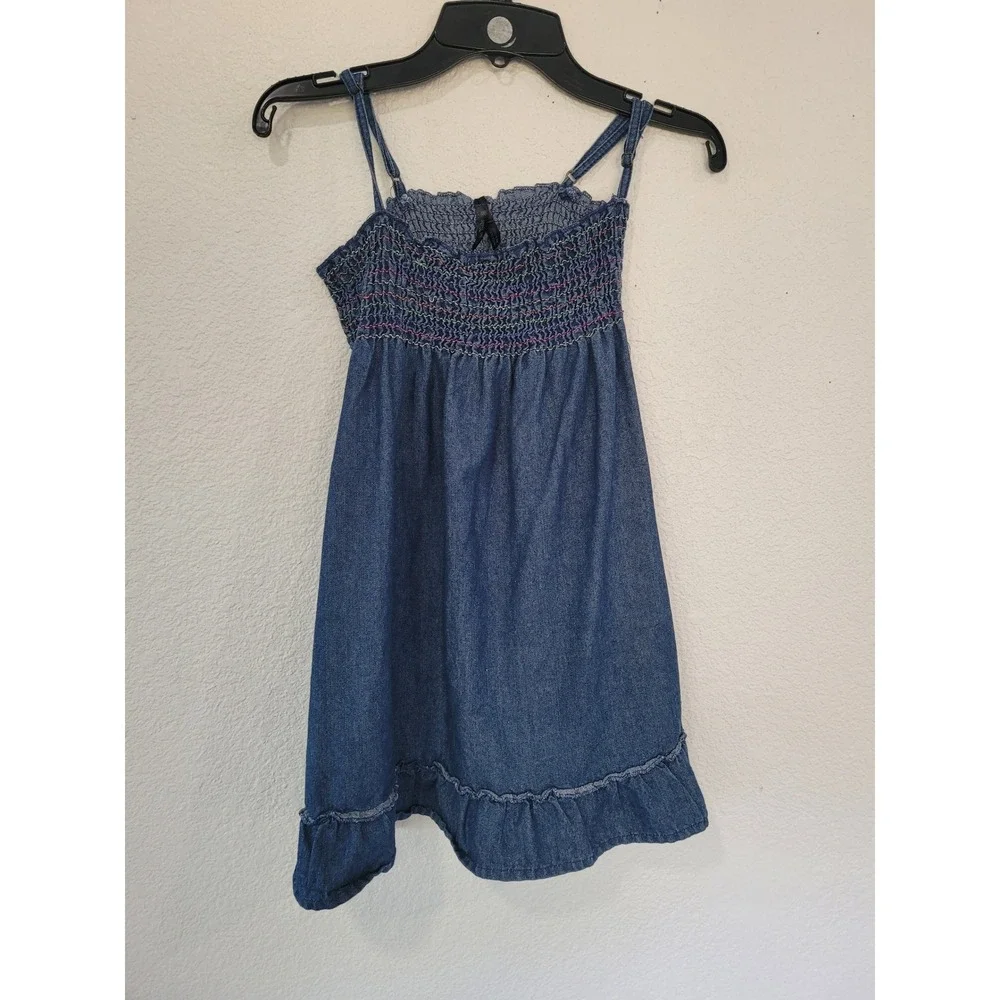 Star Ride Girls Denim Smocked Rainbow Sundress Blue Ruffle Hem Size‎ 6 #5