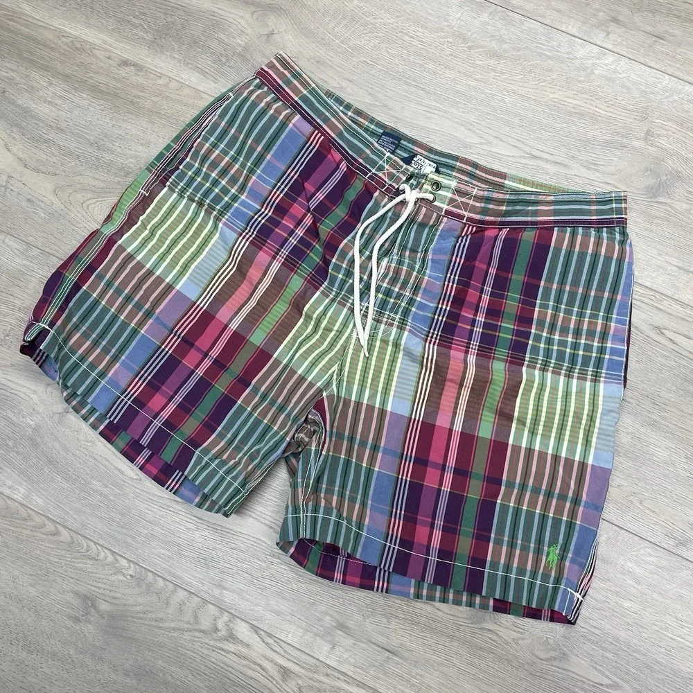 Polo Ralph Lauren Multicolor Plaid Swim Trunks Men Sz L Mesh Lined Prep