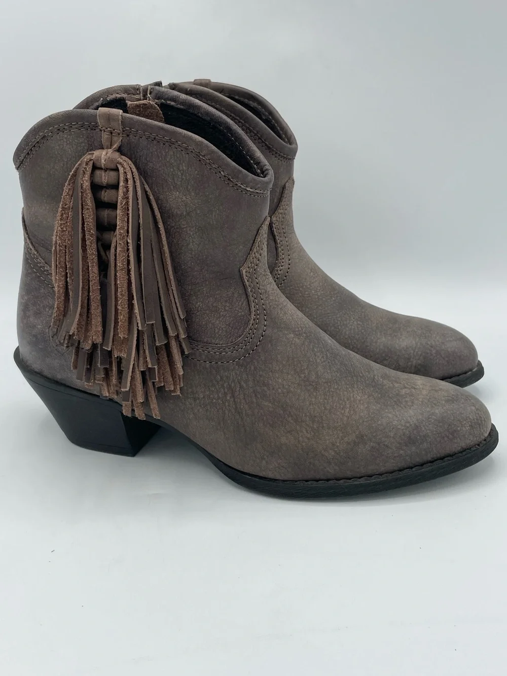 Ariat Duchess Taupe Fringe Western Leather Ankle Boots.