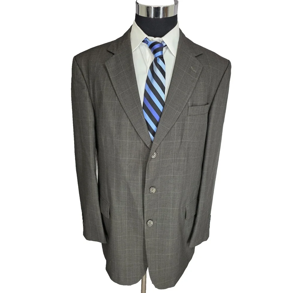 Stafford Blazer Mens 44L Brown Glenplaid Sports Coat Jacket 3‎ Buttons Wool