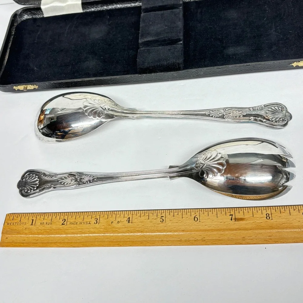 Sheffield Silver Plate Serving Spoons Salad Servers Box Kings England Vintage