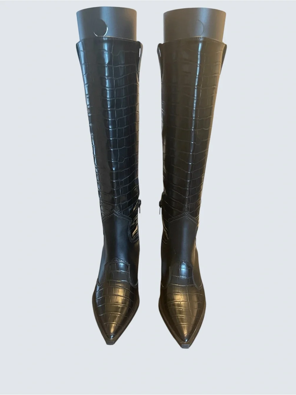 Black Croc-Embossed Knee-High Pointed Toe Women's Boots Size 6