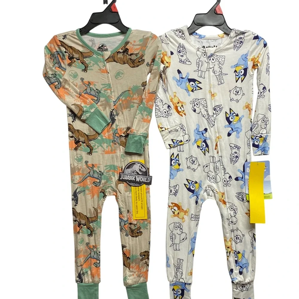 Jurassic World & Bluey Kids Pajamas Bundle 2 Pack Zip‎ Up Sleepers 12 MOs NWT