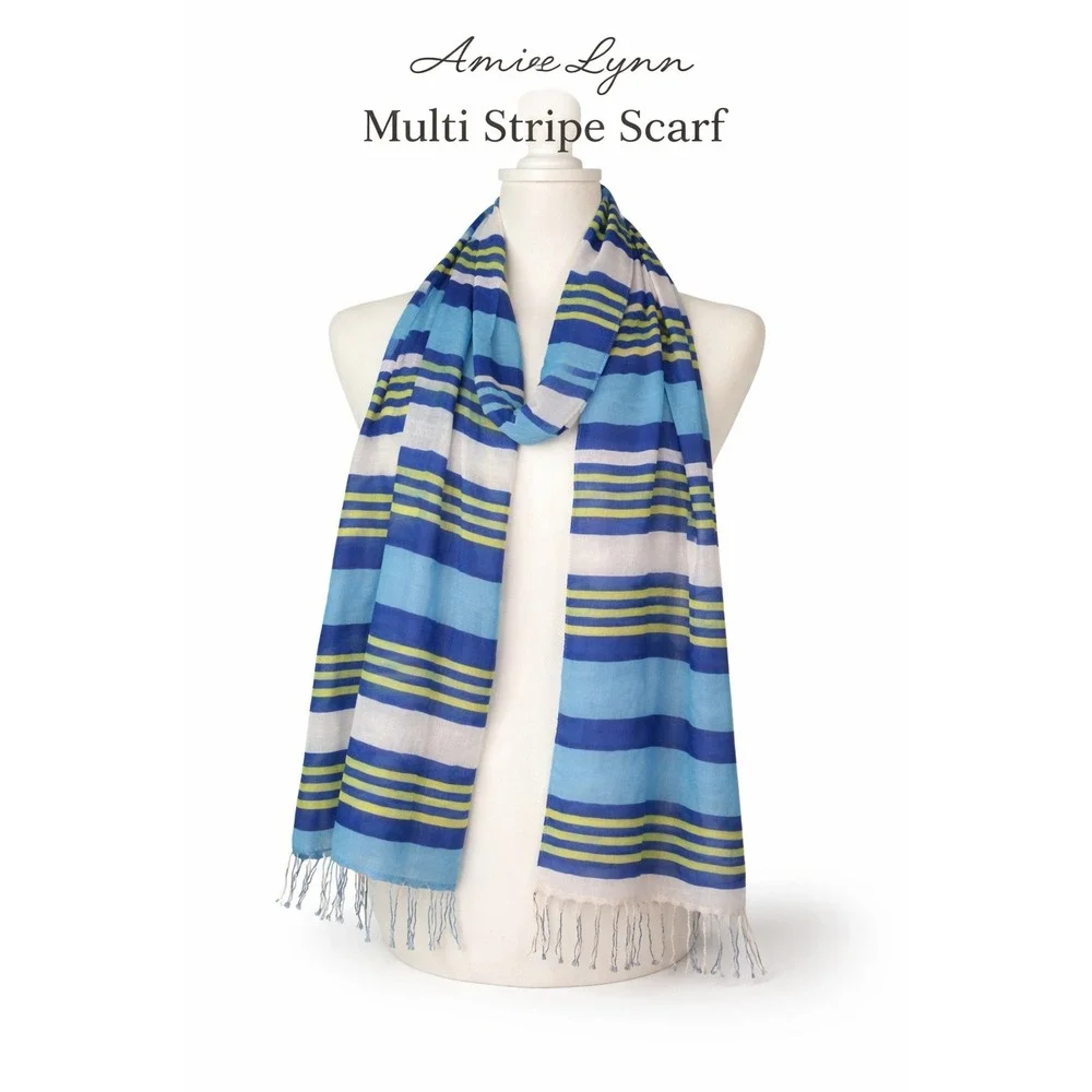 Amiee Lynn Multi‎ Stripe Scarf Blue Navy Lime Green White Raw Fringe A230129/81