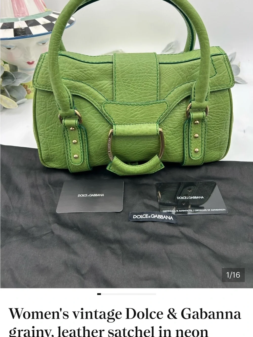 Women’s vintage dolce & Gabbana grainy, leather satchel in neon green made Italy