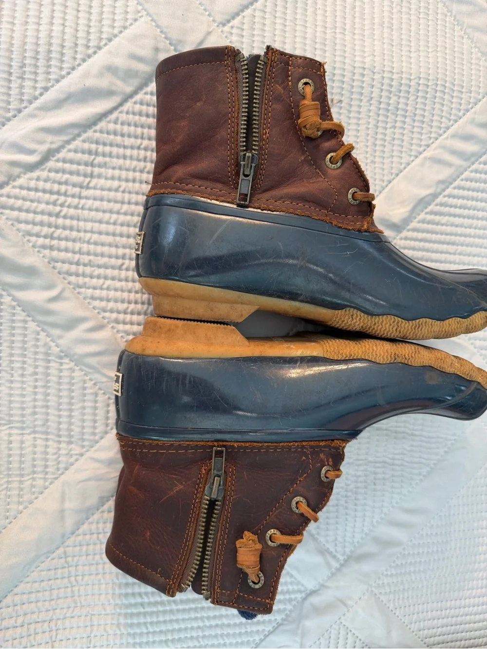 Sperry Navy and Brown Leather Duck Boots Sz 6