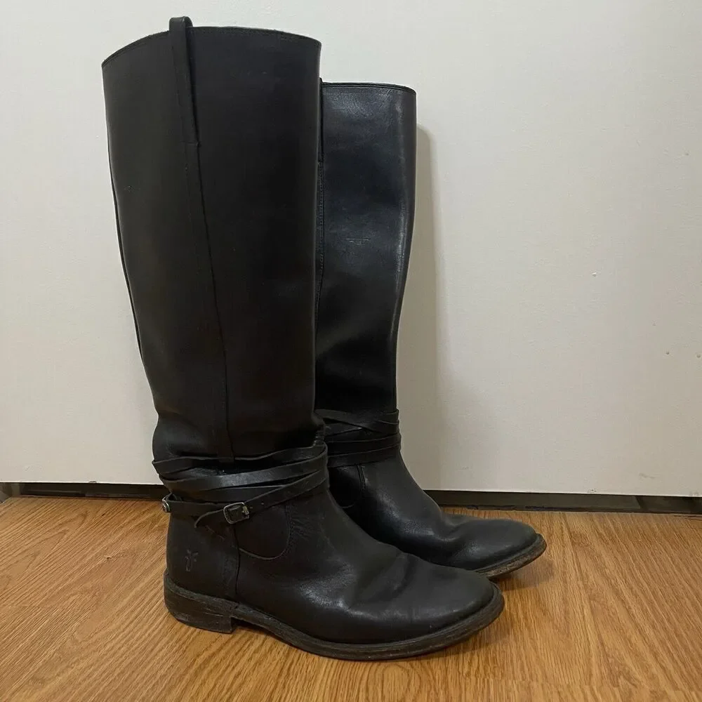 FRYE Leather Black Knee high Riding Western country boots US 7 -77754 4003