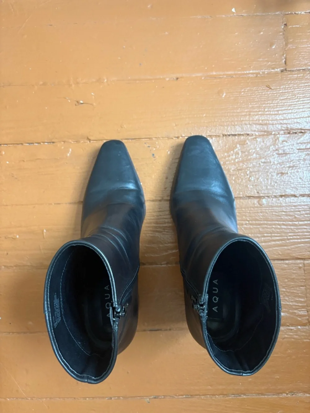 Aqua Black Leather Pointed Square-Toe Ankle Boots