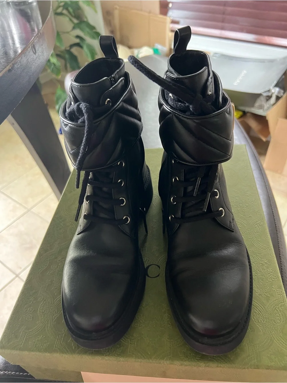 Gucci Black Leather Lace-Up Ankle Boots with Gold Hardware