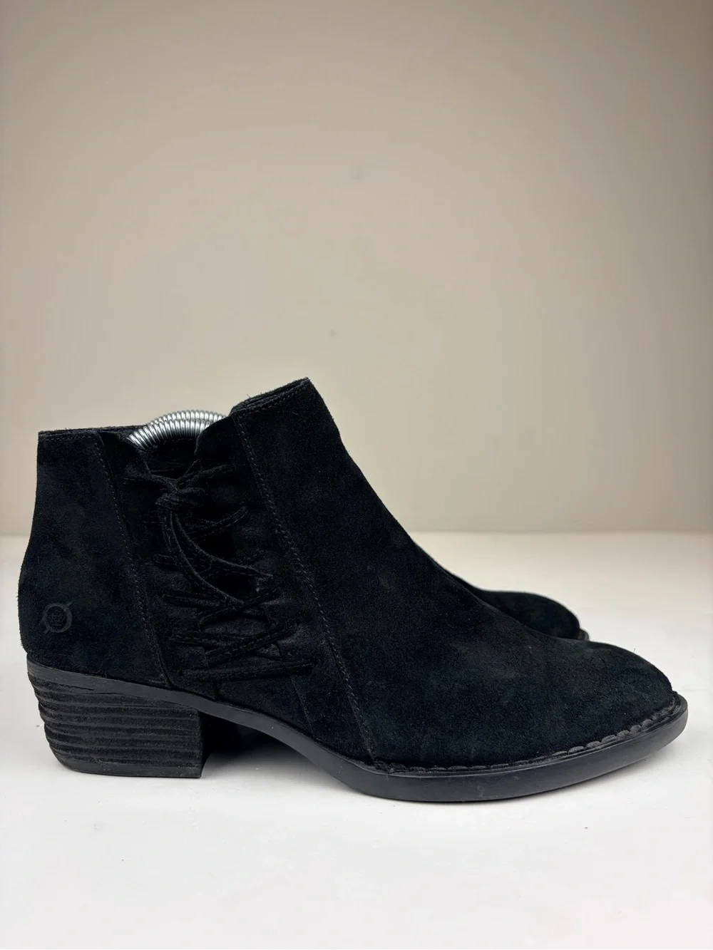 Born Black Suede Ankle Booties Side Zip Lace Up Low Heel Womens 9.5M