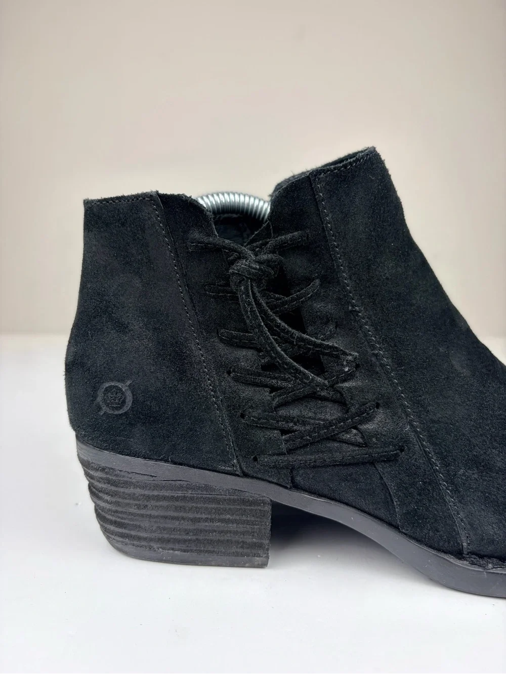 Born Black Suede Ankle Booties Side Zip Lace Up Low Heel Womens 9.5M