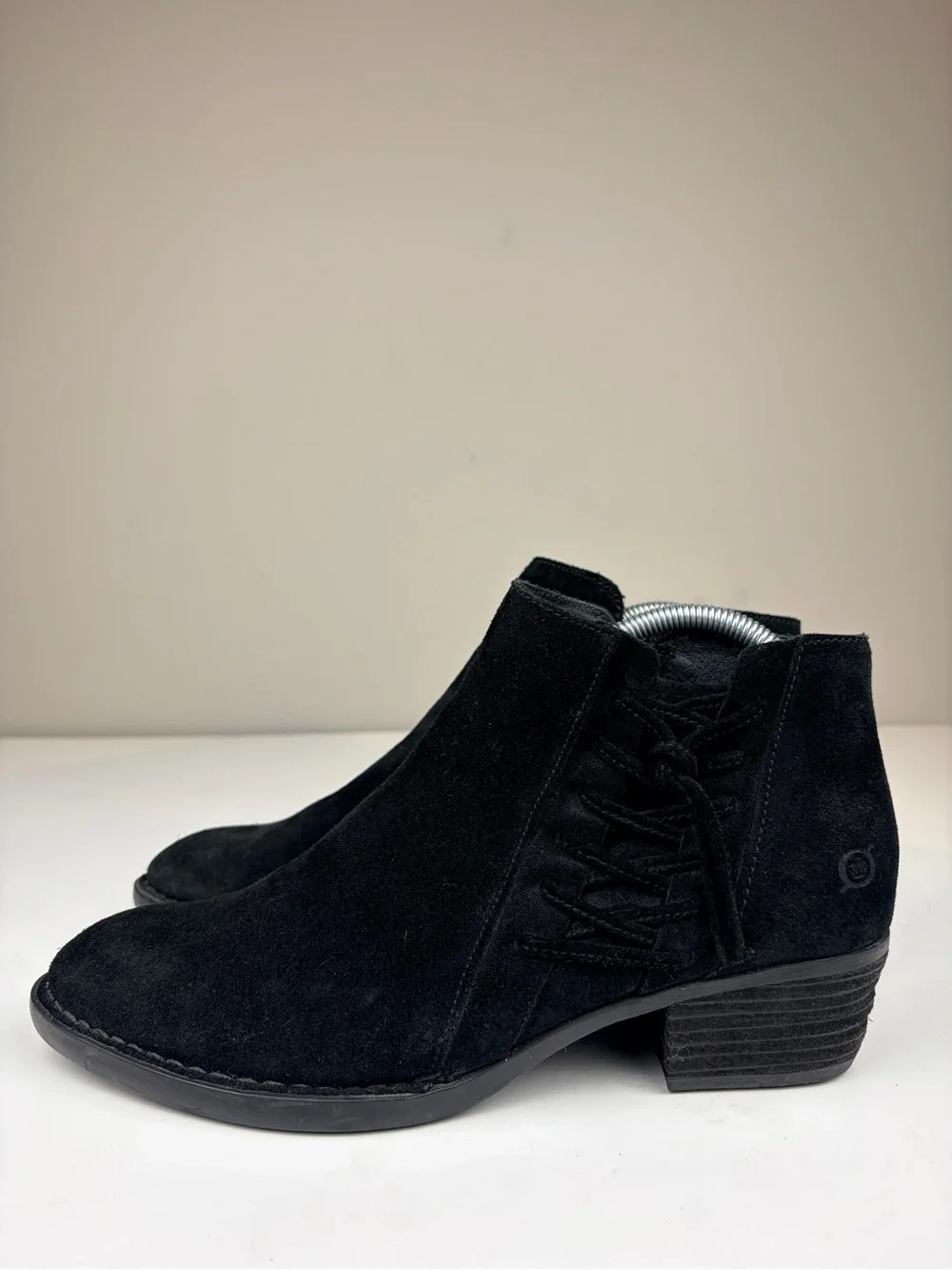 Born Black Suede Ankle Booties Side Zip Lace Up Low Heel Womens 9.5M
