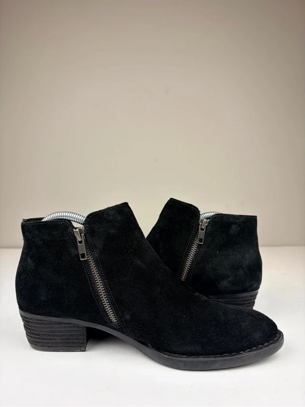 Born Black Suede Ankle Booties Side Zip Lace Up Low Heel Womens 9.5M