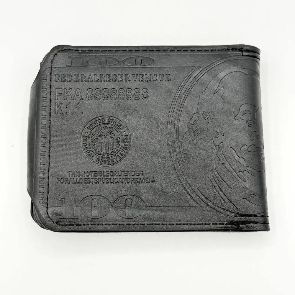 New Black $100 Bill Embossed Faux Leather Bifold Wallet Snap Closure ID Window