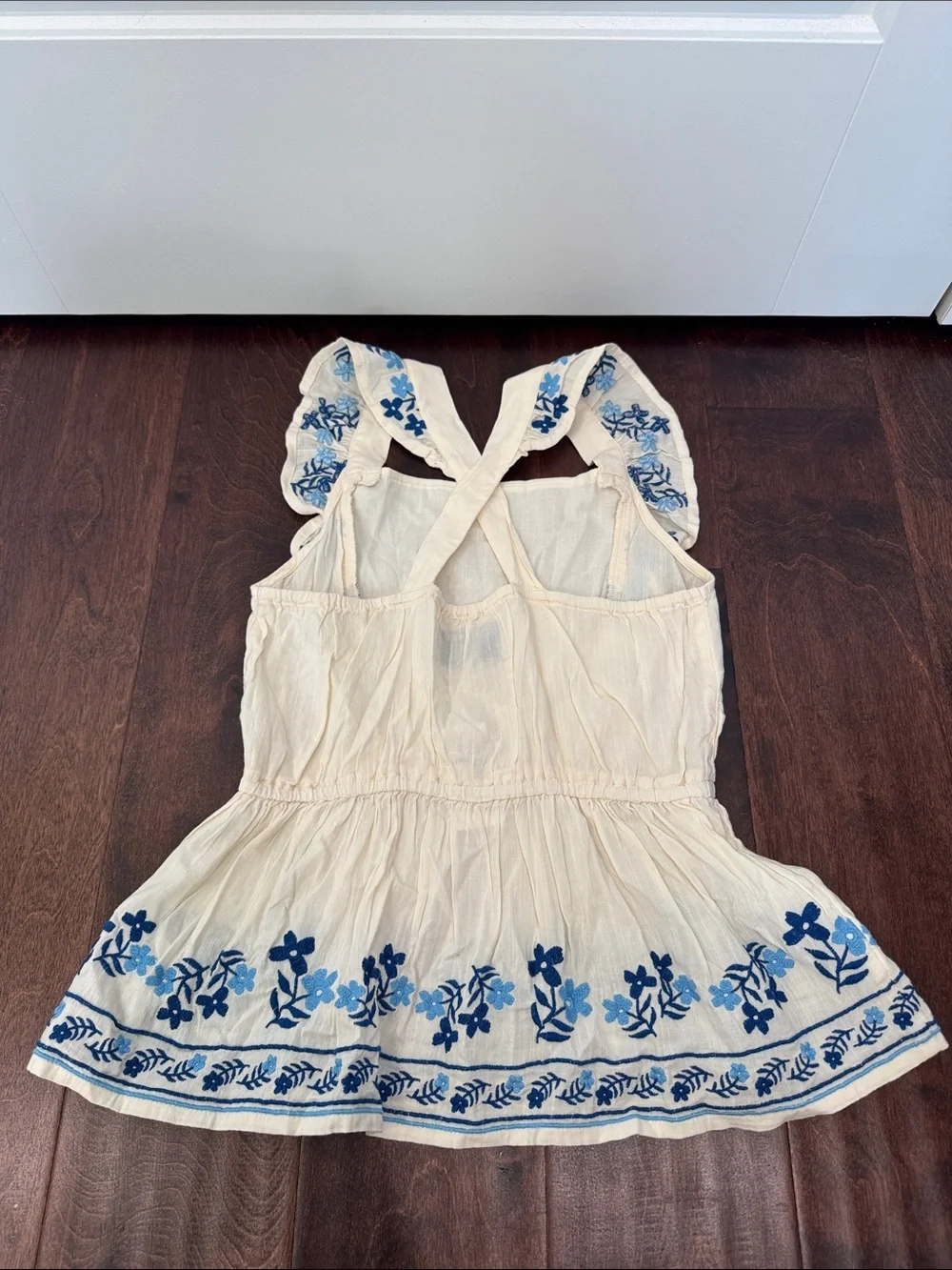 NEW Old Navy Girls Summer Top Blouse Cross-Back Ivory w/Blue Embroidery, L 10/12