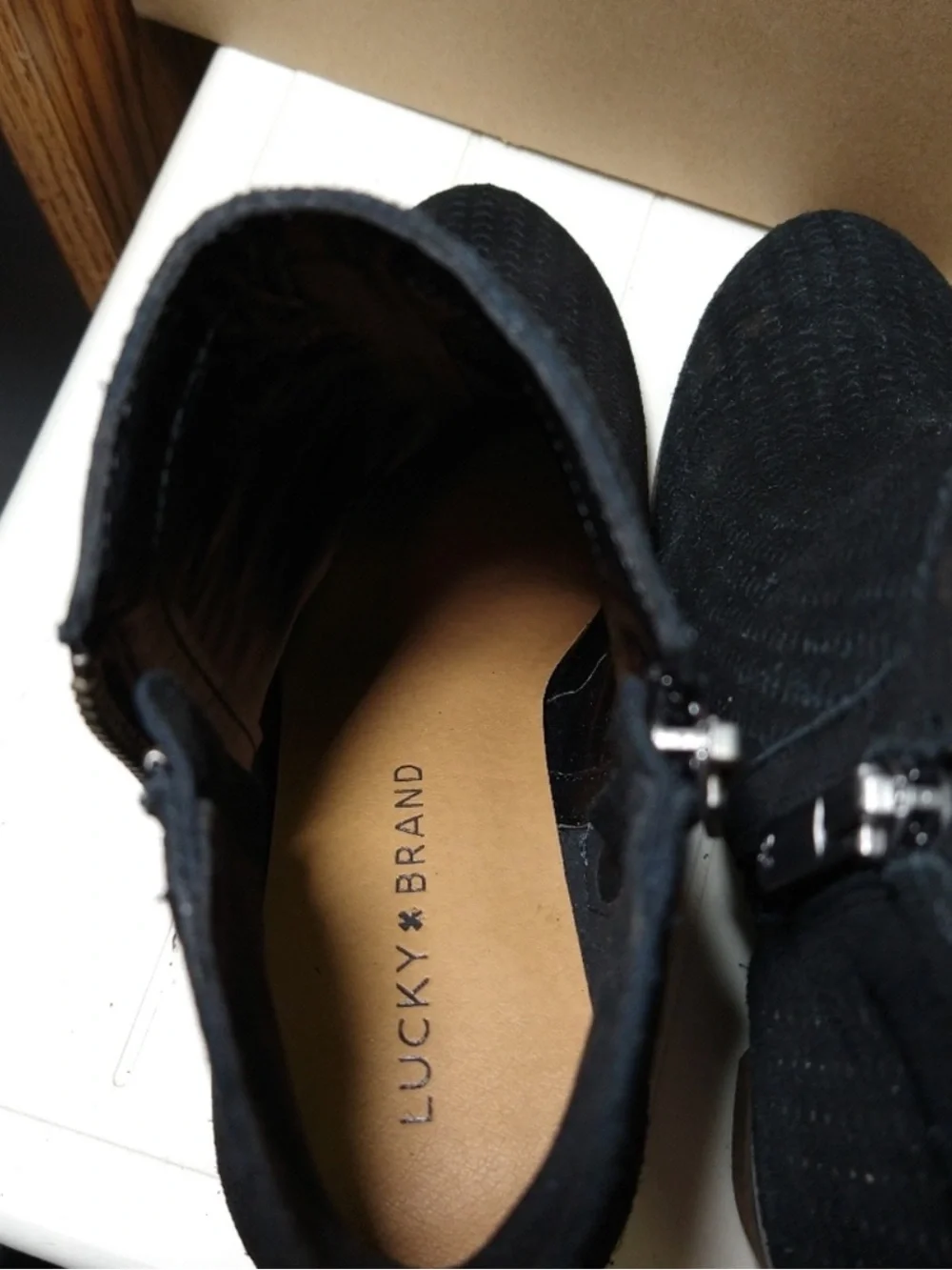 Lucky Brand Black Suede Textured Ankle Booties with Side Zip
