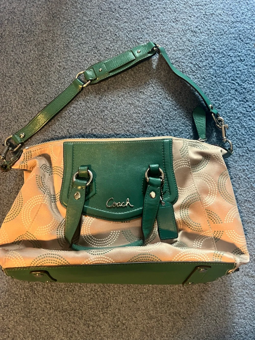 Coach Green Leather & Beige Patterned Shoulder Bag