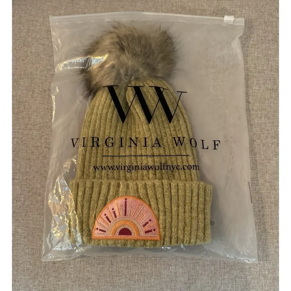 Virginia Wolf Sunray Beanie Hat Faux Fur Snap on Pom Gold Mustard Knit Beachly