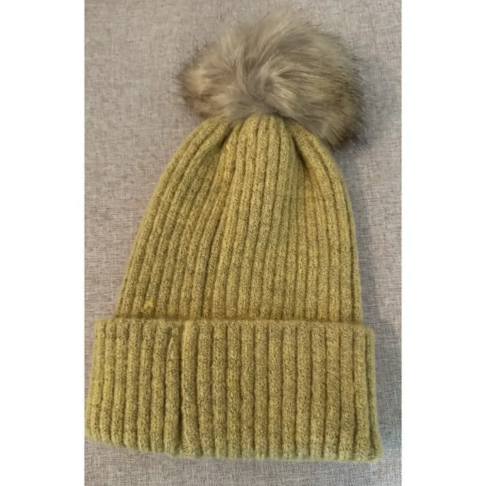 Virginia Wolf Sunray Beanie Hat Faux Fur Snap on Pom Gold Mustard Knit Beachly