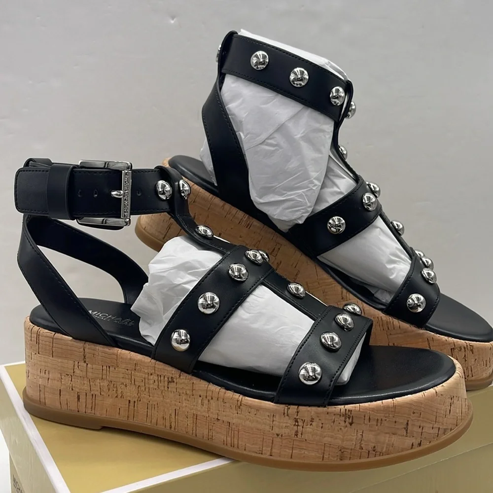 MICHAEL KORS Selah Studded Platform Gladiator Silver Studded Sandal Black  New