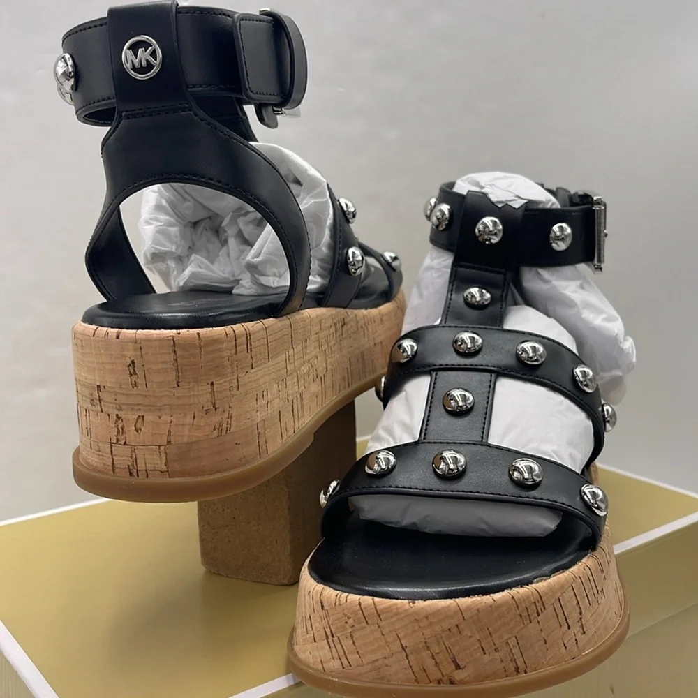 MICHAEL KORS Selah Studded Platform Gladiator Silver Studded Sandal Black  New
