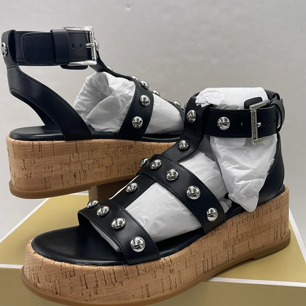 MICHAEL KORS Selah Studded Platform Gladiator Silver Studded Sandal Black  New