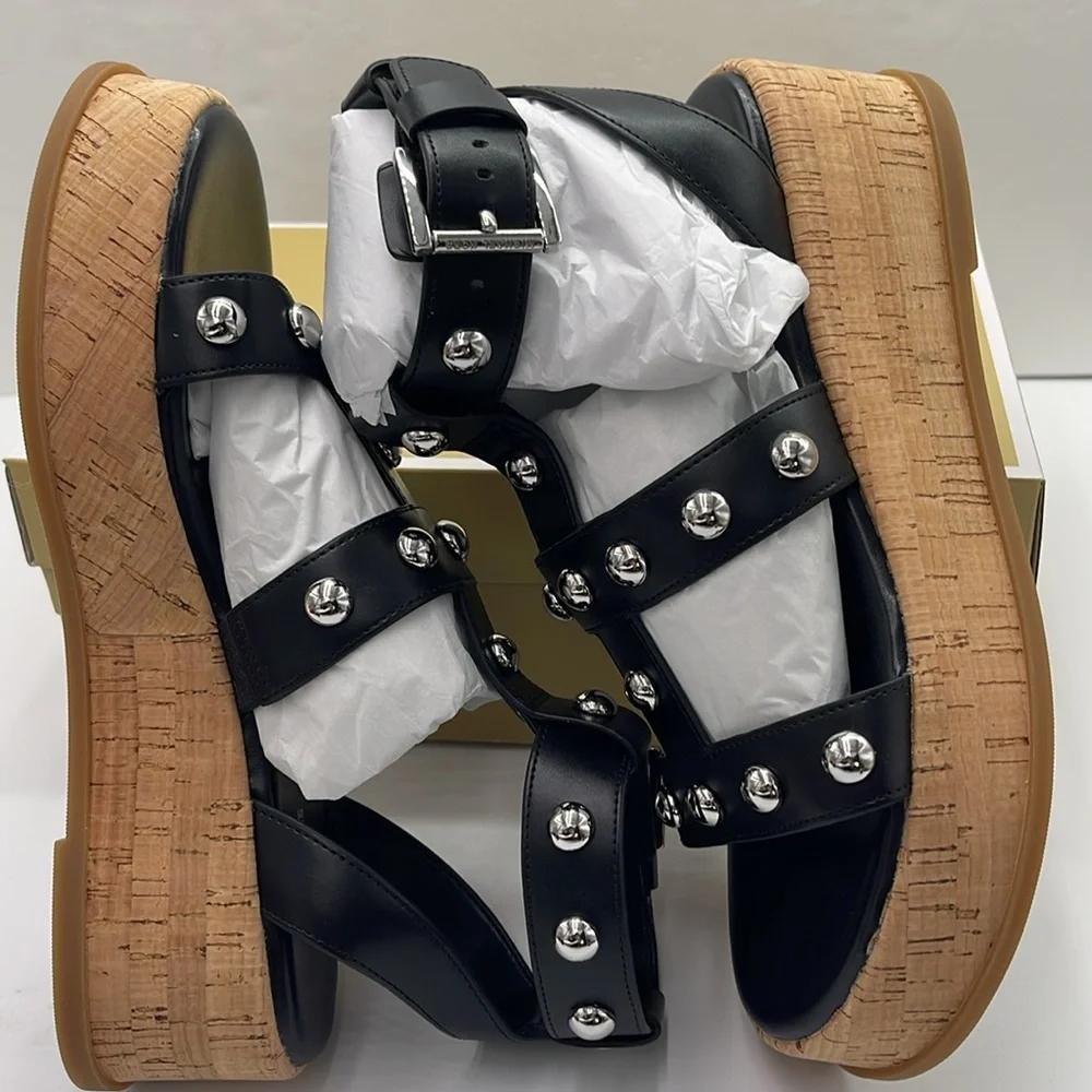 MICHAEL KORS Selah Studded Platform Gladiator Silver Studded Sandal Black  New