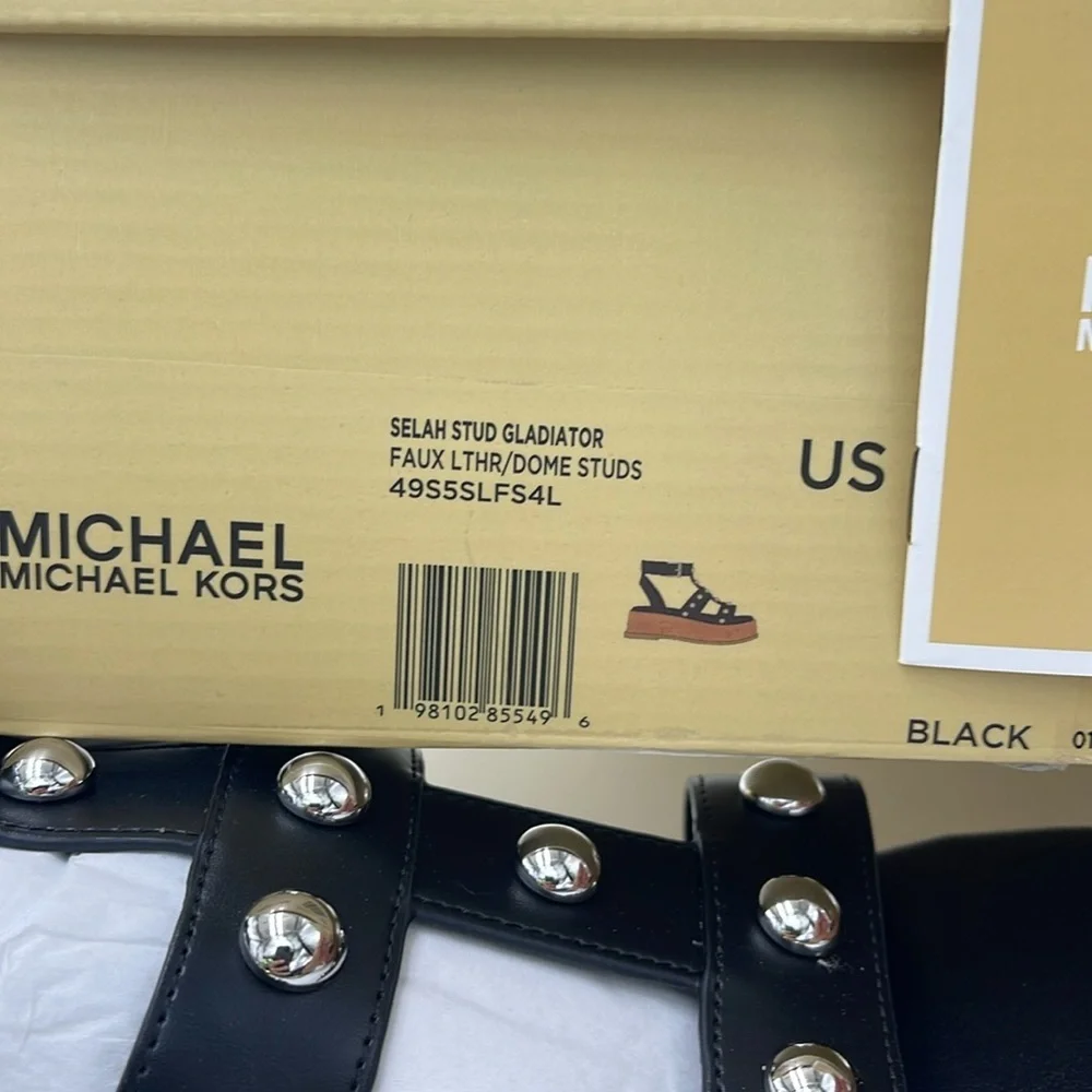 MICHAEL KORS Selah Studded Platform Gladiator Silver Studded Sandal Black  New