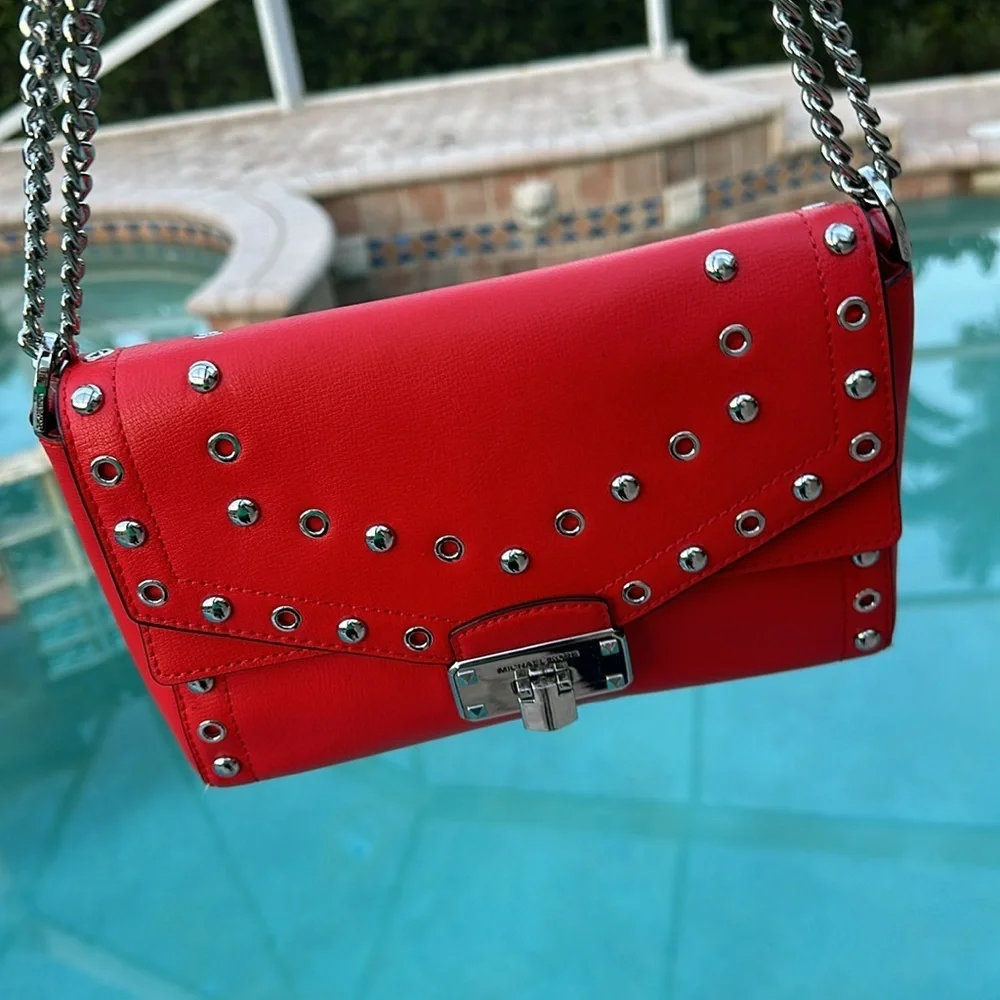 Michael Kors Kinsley Red Leather Studded Crossbody