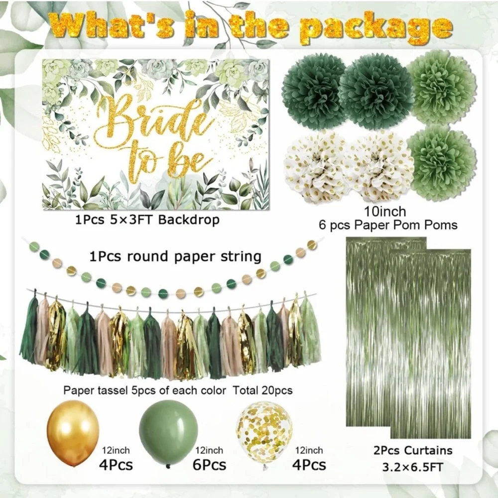 Elegant Green and Gold Bride to Be Party Decoration Set