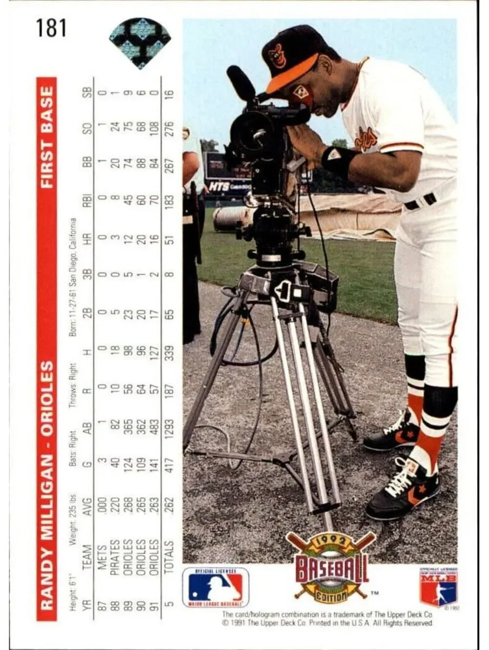Randy Milligan 1992 Upper Deck MLB #181 Baseball Card Baltimore Orioles