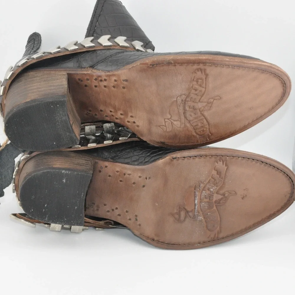 Freebird‎ Blade Booties 6 Black Excellent Croc Embossed Leather Cutout Harness