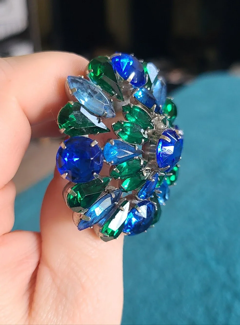 Vintage Blue and Green Crystal Floral Brooch - Women Jewelry